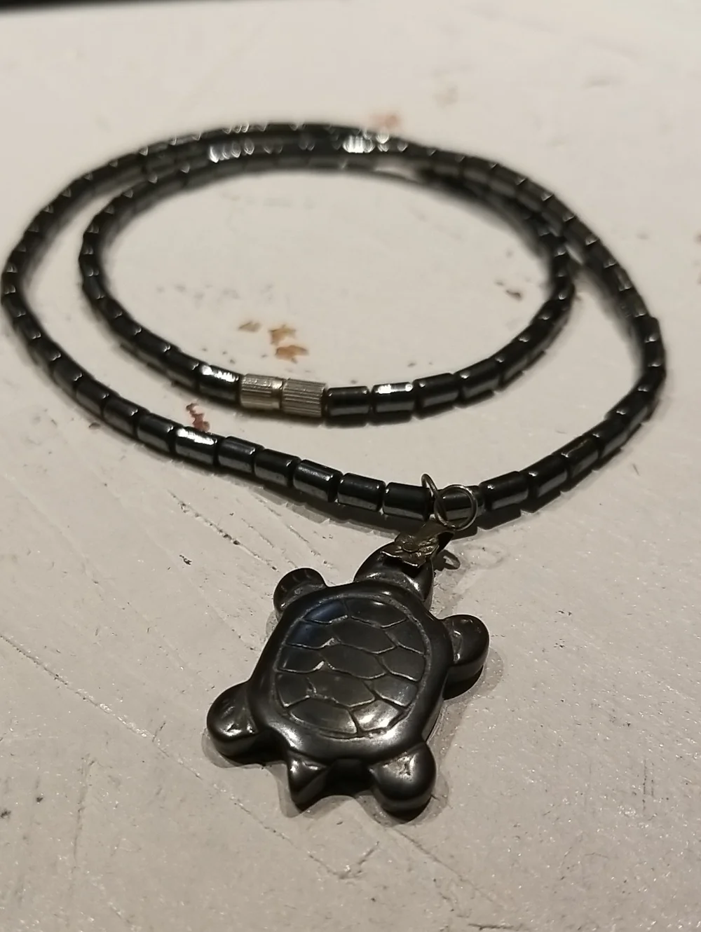 Hematite Turtle Pendant Necklace with Beaded Strand